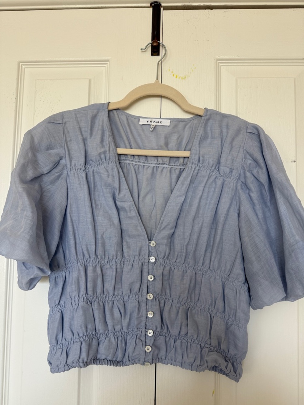 Frame Denim Light Blue Button-Front Smocked Waist Puff Sleeve Top